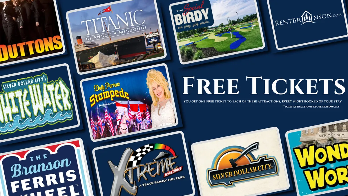 An upbeat interior scene with bold 'Free Tickets' text, various attraction logos, and Branson, Missouri branding. The image conveys excitement for exploring local attractions and hints at exclusive guest perks.